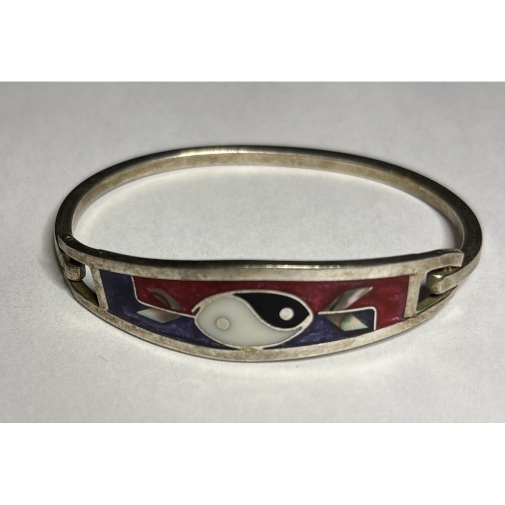 Taxco Mexico Sterling Silver Inlay Yin Yang Fish Hinged Bangle Bracelet 2"